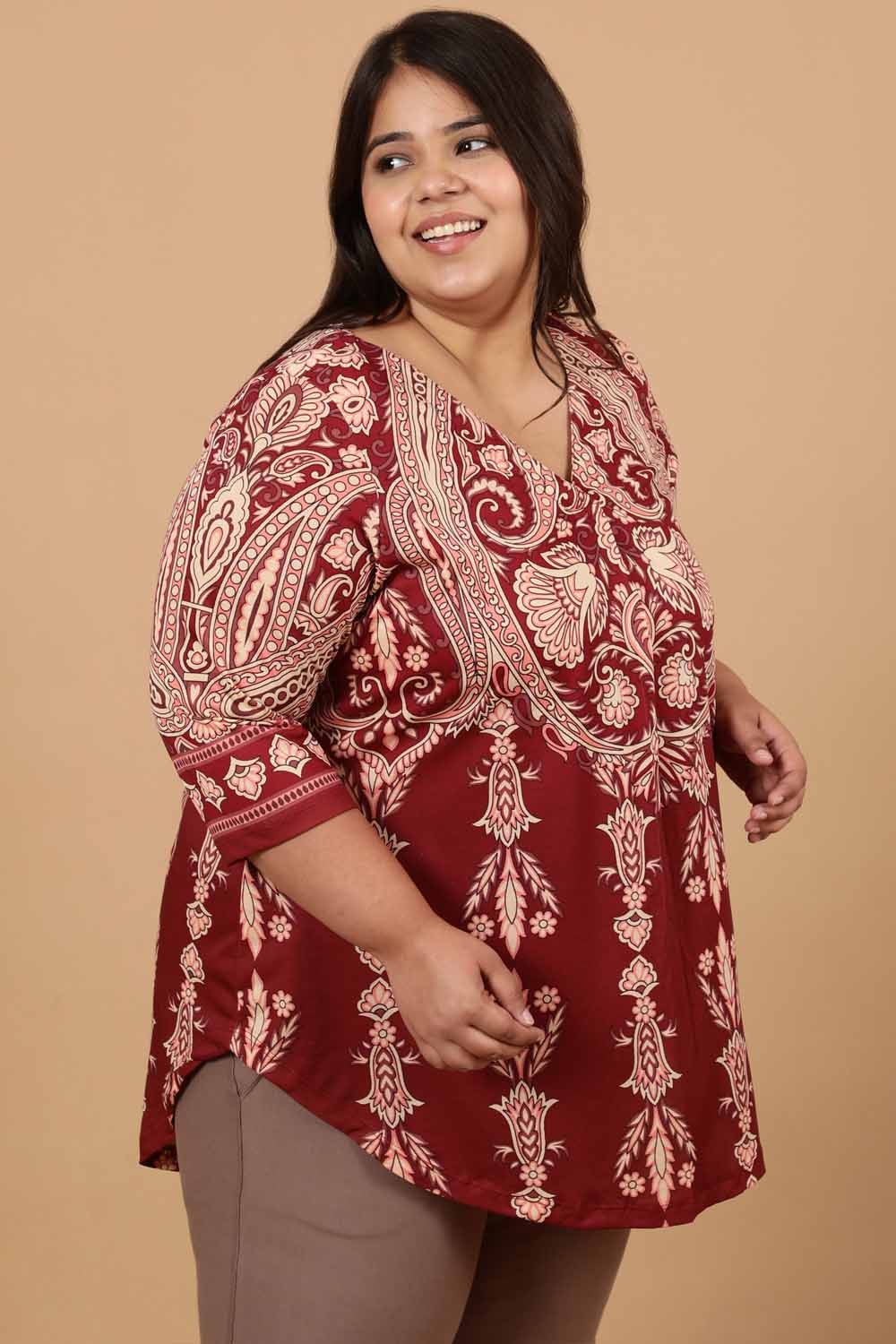 Plus Size Maroon Luxe Ethnic Print Centre Pleat Top for Women