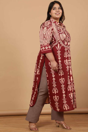 Plus Size Maroon Luxe Ethnic Print Kurta Cum Shrug