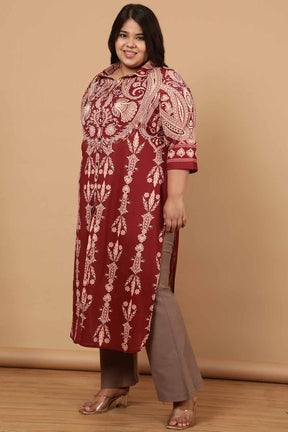 Plus Size Maroon Luxe Ethnic Print Kurta Cum Shrug