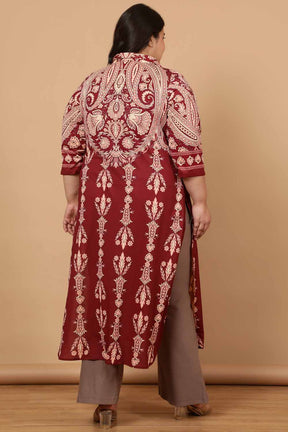 Plus Size Maroon Luxe Ethnic Print Kurta Cum Shrug