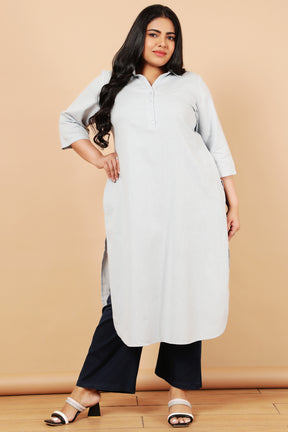 Plus Size Sky Blue Cotton Linen Collar Kurta