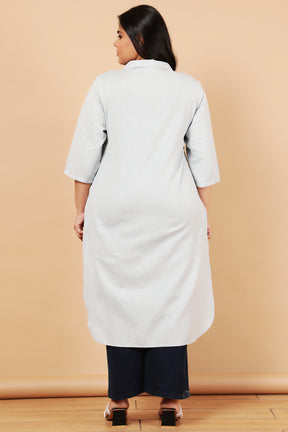 Plus Size Sky Blue Cotton Linen Collar Kurta