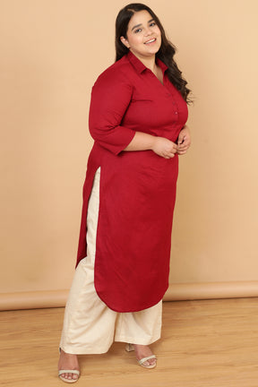 Plus Size Red Cotton Linen Collar Kurta