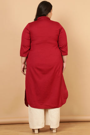 Plus Size Red Cotton Linen Collar Kurta
