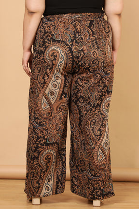 Black Paisley Print Cotton High Waist Pants