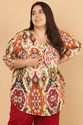 Plus Size White Patola Print Cotton Top