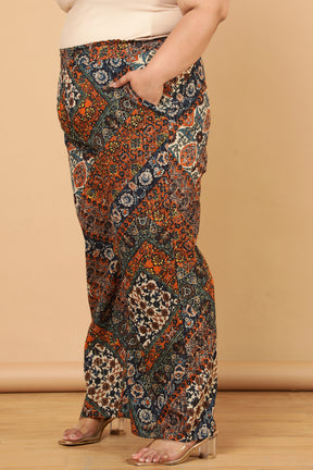Plus Size Ethnic Print Cotton High Waist Pants