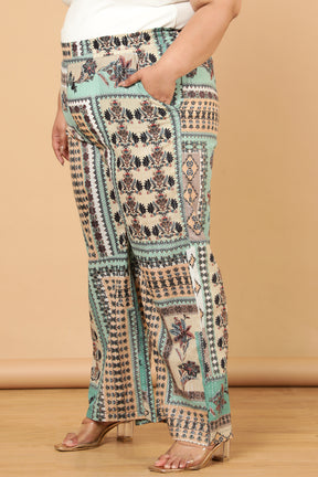 Plus Size Green White Ethnic Scarf Print Cotton High Waist Pants
