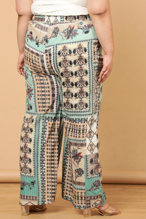 Plus Size Green White Ethnic Scarf Print Cotton High Waist Pants