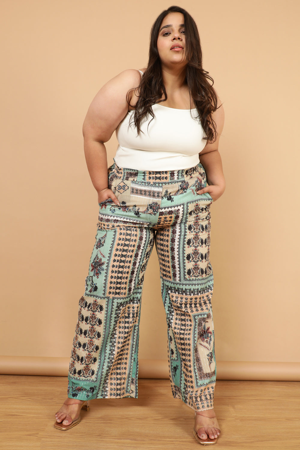 Plus Size Green White Ethnic Scarf Print Cotton High Waist Pants