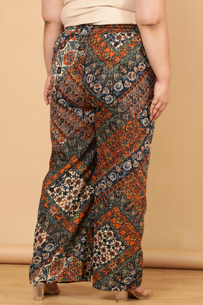 Plus Size Ethnic Print Cotton High Waist Pants