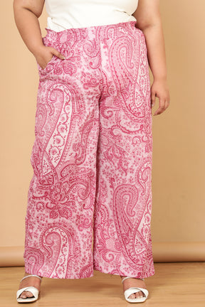 Pink Paisley Print Cotton High Waist Pants