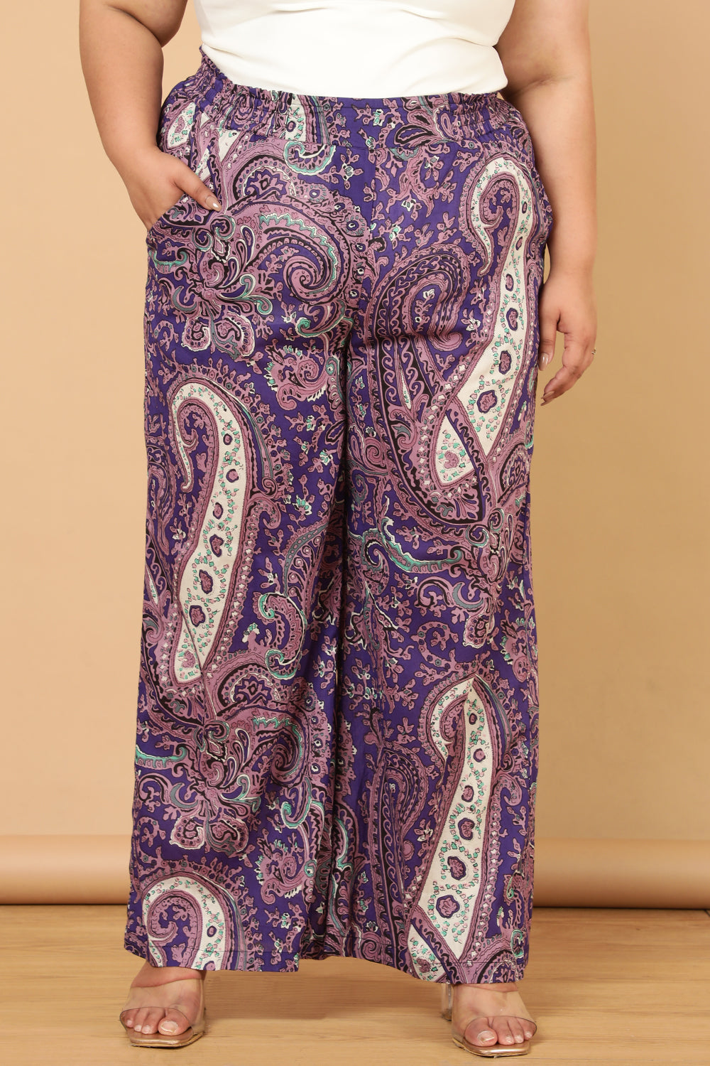 Plus Size Plus Size Purple Paisley Print Cotton High Waist Pants