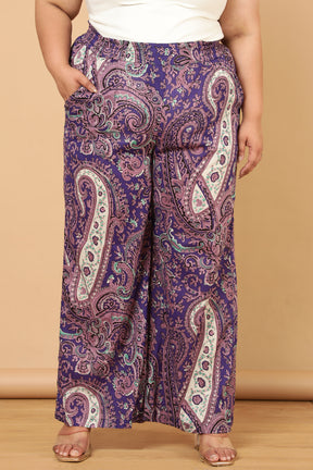 Plus Size Purple Paisley Print Cotton High Waist Pants