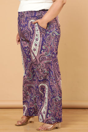 Purple Paisley Print Cotton High Waist Pants