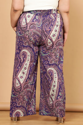 Purple Paisley Print Cotton High Waist Pants