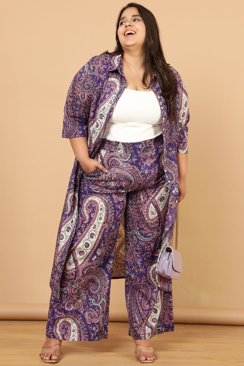 Plus Size Purple Paisley Print Cotton Kurta Shrug