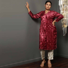 Deep Red Velvet V Neck Kurta