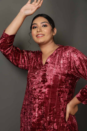 Deep Red Velvet V Neck Kurta