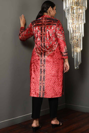 Red Printed V Neck Velvet Kurta