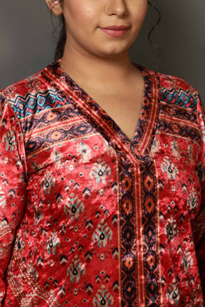 Red Printed V Neck Velvet Kurta