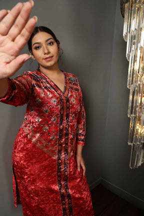Red Printed V Neck Velvet Kurta