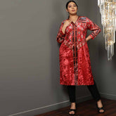 Red Printed V Neck Velvet Kurta
