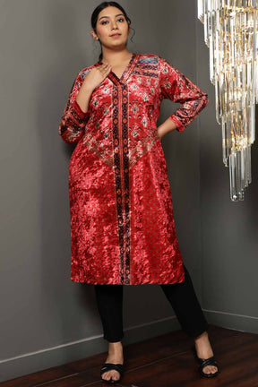 Red Printed V Neck Velvet Kurta