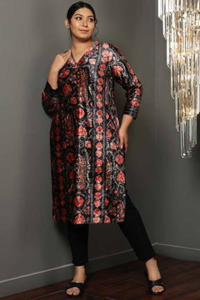 Block Floral V Neck Velvet Kurta