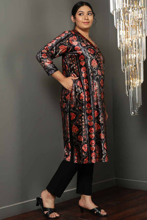 Block Floral V Neck Velvet Kurta