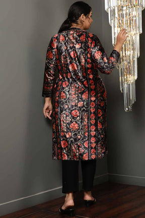 Block Floral V Neck Velvet Kurta