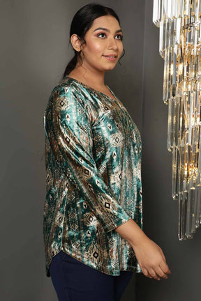 Green Ikkat V Neck Velvet Top