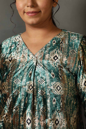 Green Ikkat V Neck Velvet Top