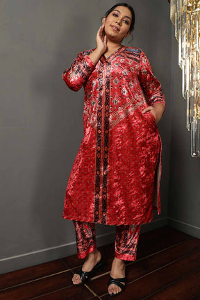 Red Printed V Neck Velvet Kurta