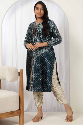 Teal Printed V Neck Velvet Kurta