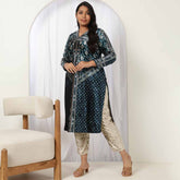 Teal Printed V Neck Velvet Kurta