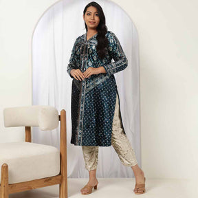 Teal Printed V Neck Velvet Kurta