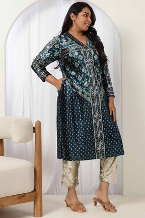 Teal Printed V Neck Velvet Kurta