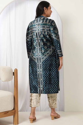Teal Printed V Neck Velvet Kurta