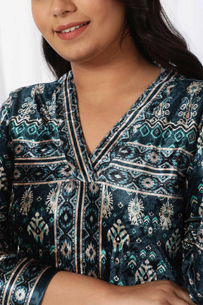 Teal Printed V Neck Velvet Kurta