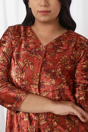 Rust Blossom V Neck Velvet Top