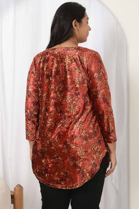 Rust Blossom V Neck Velvet Top