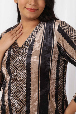 Black Beige Stripe Velvet Kurta