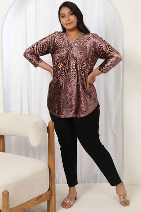 Purple Printed V Neck Velvet Top