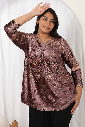 Purple Printed V Neck Velvet Top