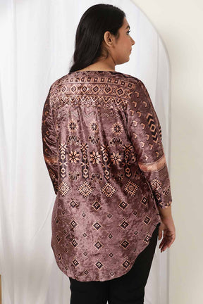 Purple Printed V Neck Velvet Top