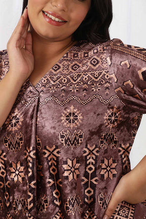 Purple Printed V Neck Velvet Top