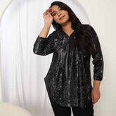 Plus Size Black Printed Velvet V Neck Top