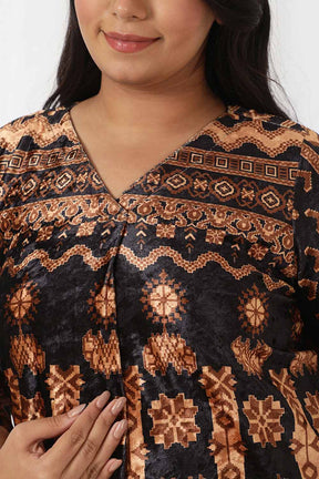 Black Printed V Neck Velvet Top