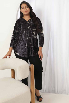 Black Marble V Neck Velvet Top
